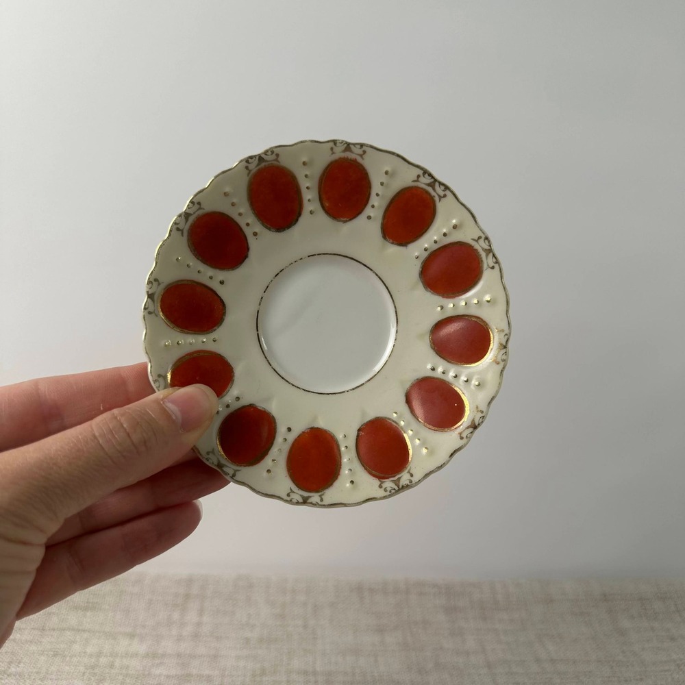 Vintage Occupied Japan Porcelain Trinket Dish Hand Painted Red Gold 4"